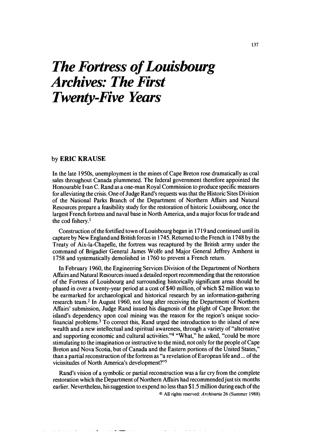 The Fortress of Louisbourg Archives: the First Twenty-Five Years