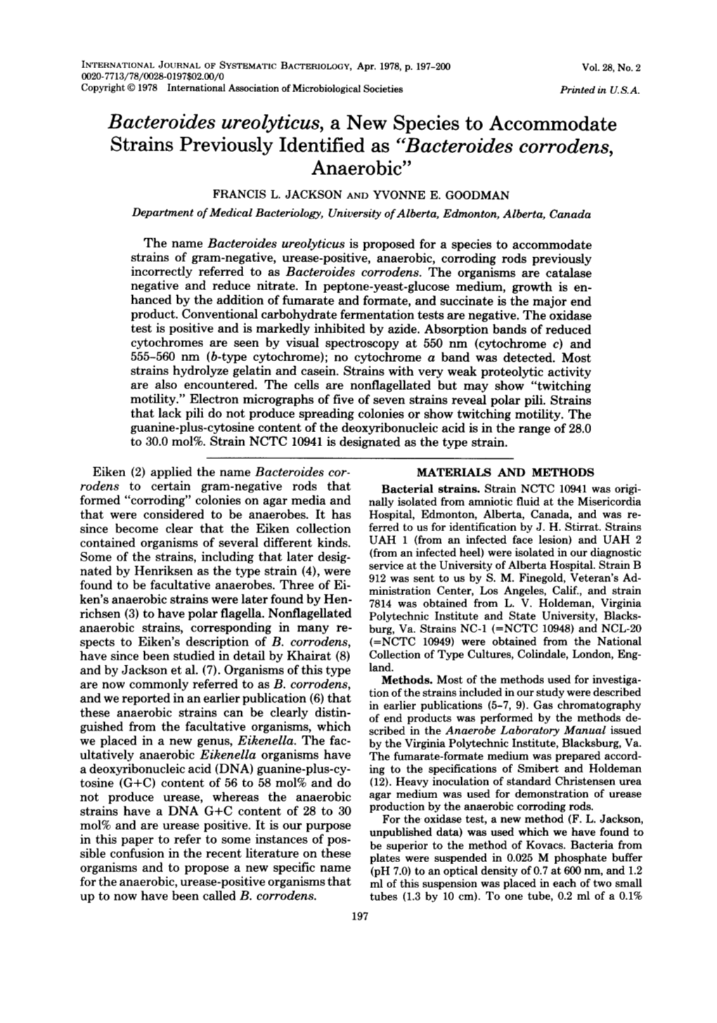 Bacteroides Ureolyticus, a New Species to Accommodate Strains Previously Identified As “Bacteroides Corrodens, Anaerobic”