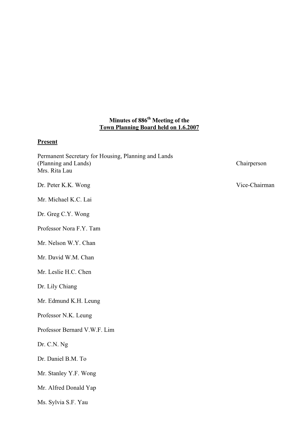 Minutes of 886 Meeting of the Town Planning Board Held on 1.6.2007 Present Permanent Secretary for Housing, Planning and Lands