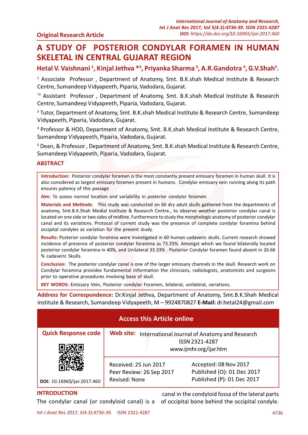 A STUDY of POSTERIOR CONDYLAR FORAMEN in HUMAN SKELETAL in CENTRAL GUJARAT REGION Hetal V