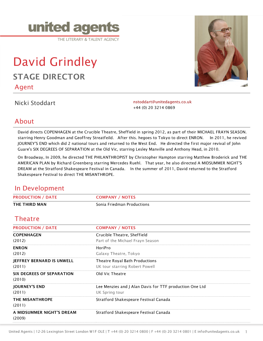 David Grindley STAGE DIRECTOR Agent