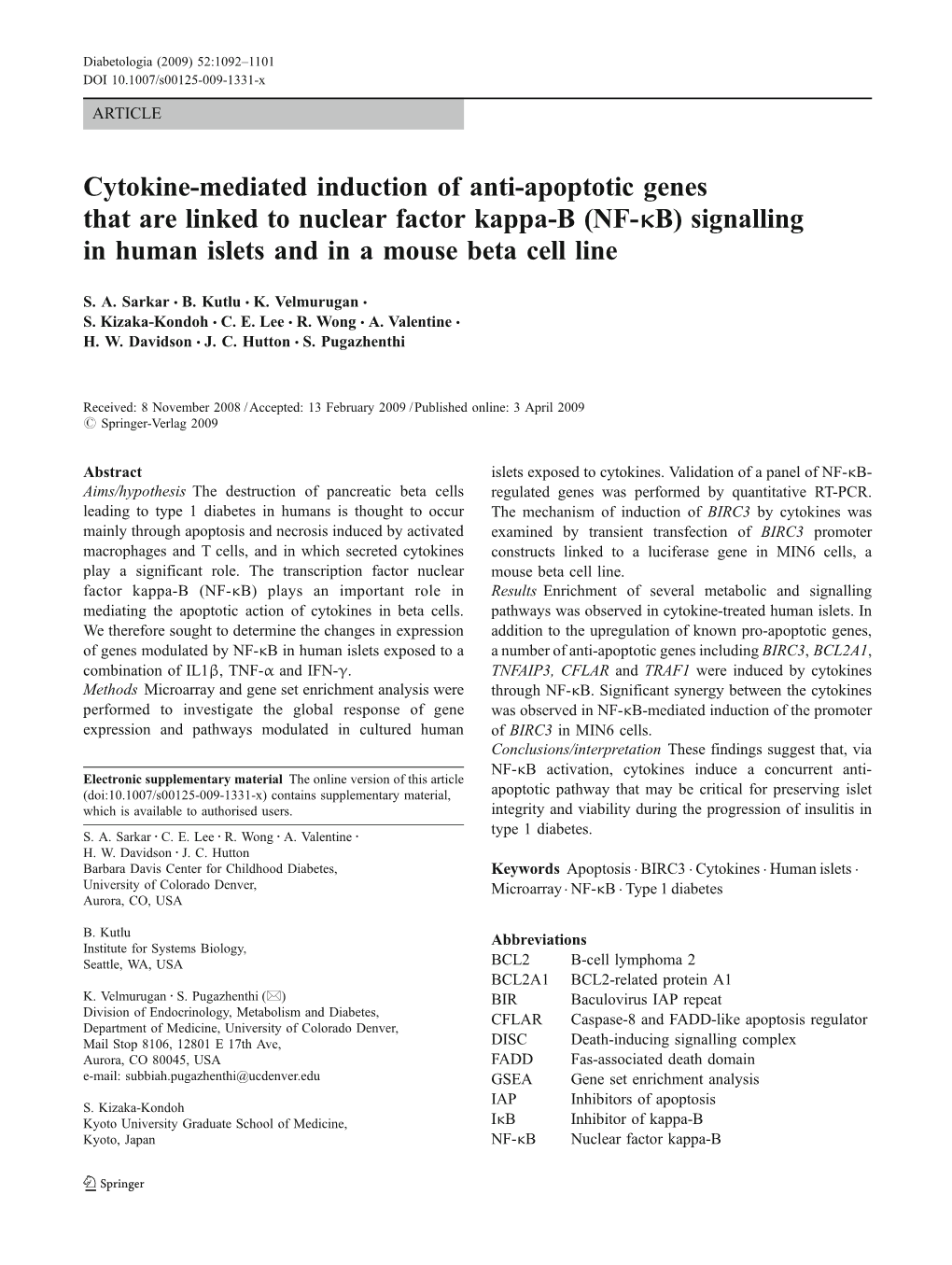 NF-Κb) Signalling in Human Islets and in a Mouse Beta Cell Line