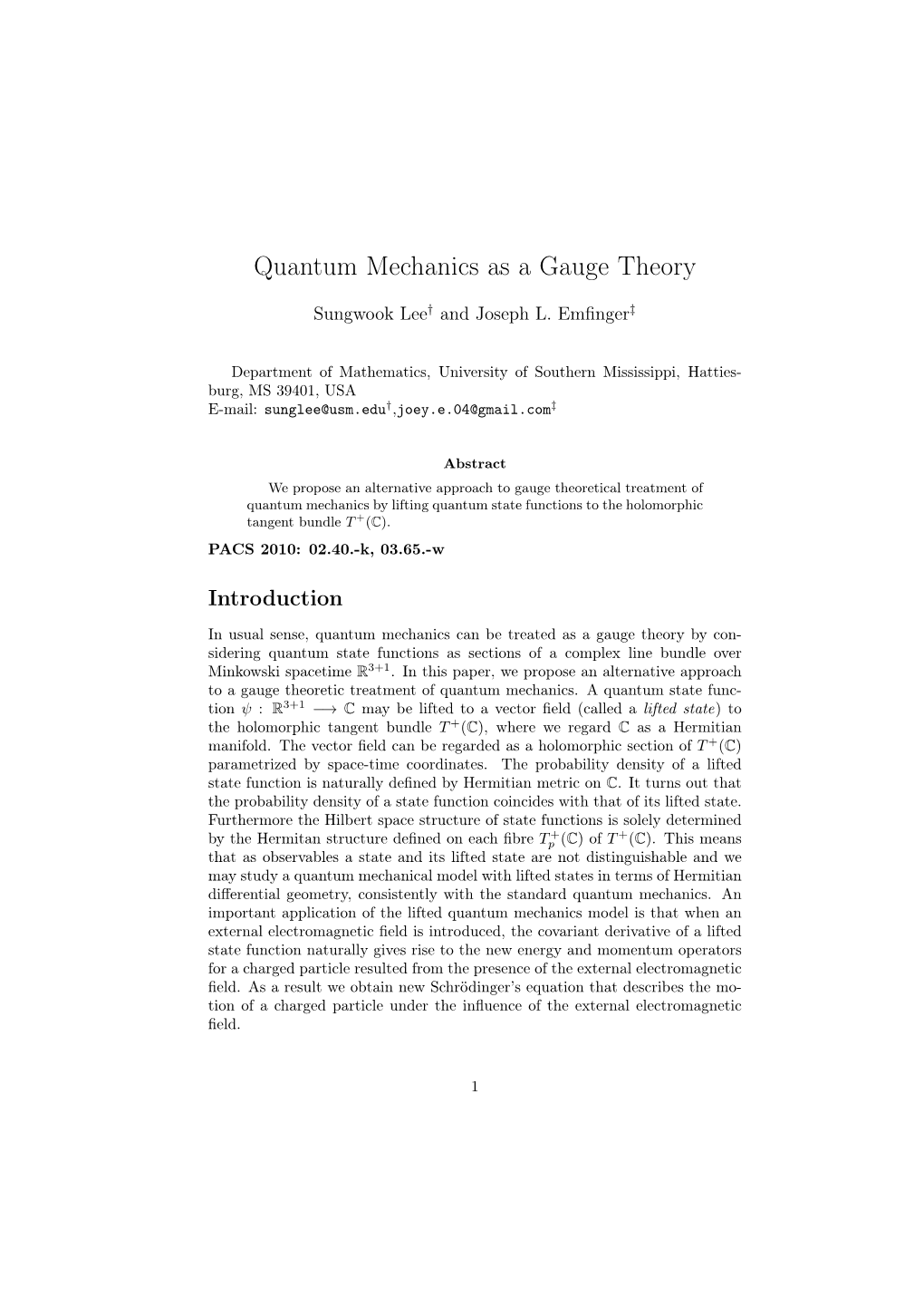 Quantum Mechanics As a Gauge Theory