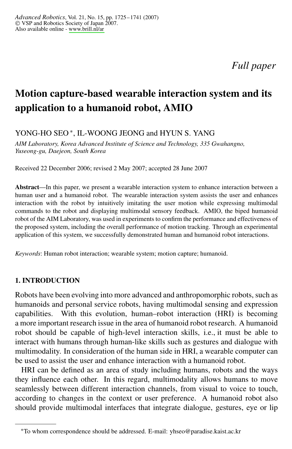 Full Paper Motion Capture-Based Wearable Interaction System and Its Application to a Humanoid Robot, AMIO