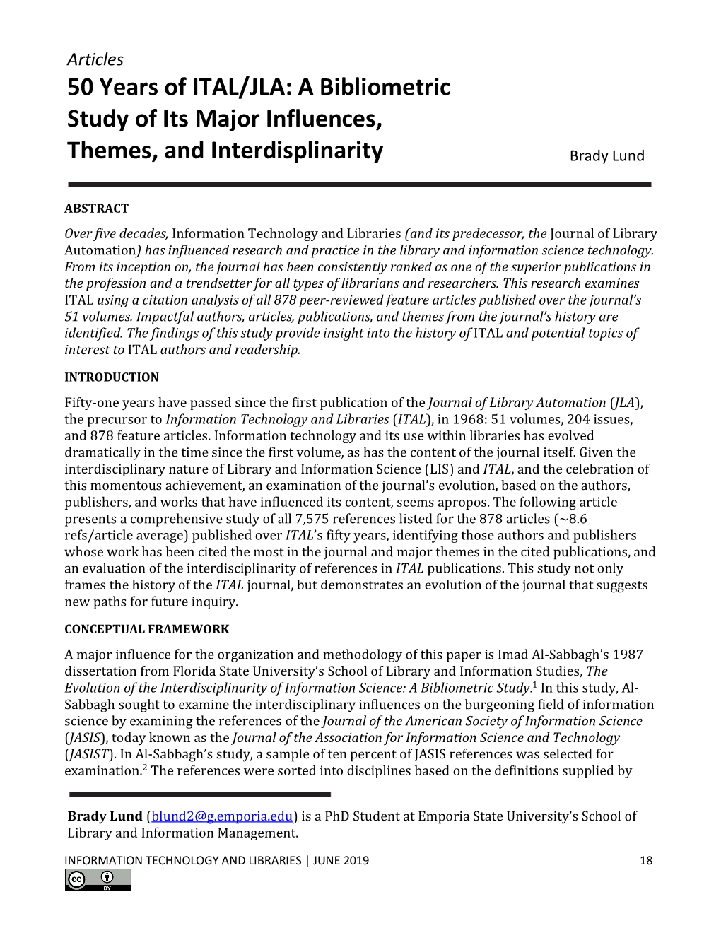 50 Years of ITAL/JLA: a Bibliometric Study of Its Major Influences, Themes, and Interdisplinarity Brady Lund