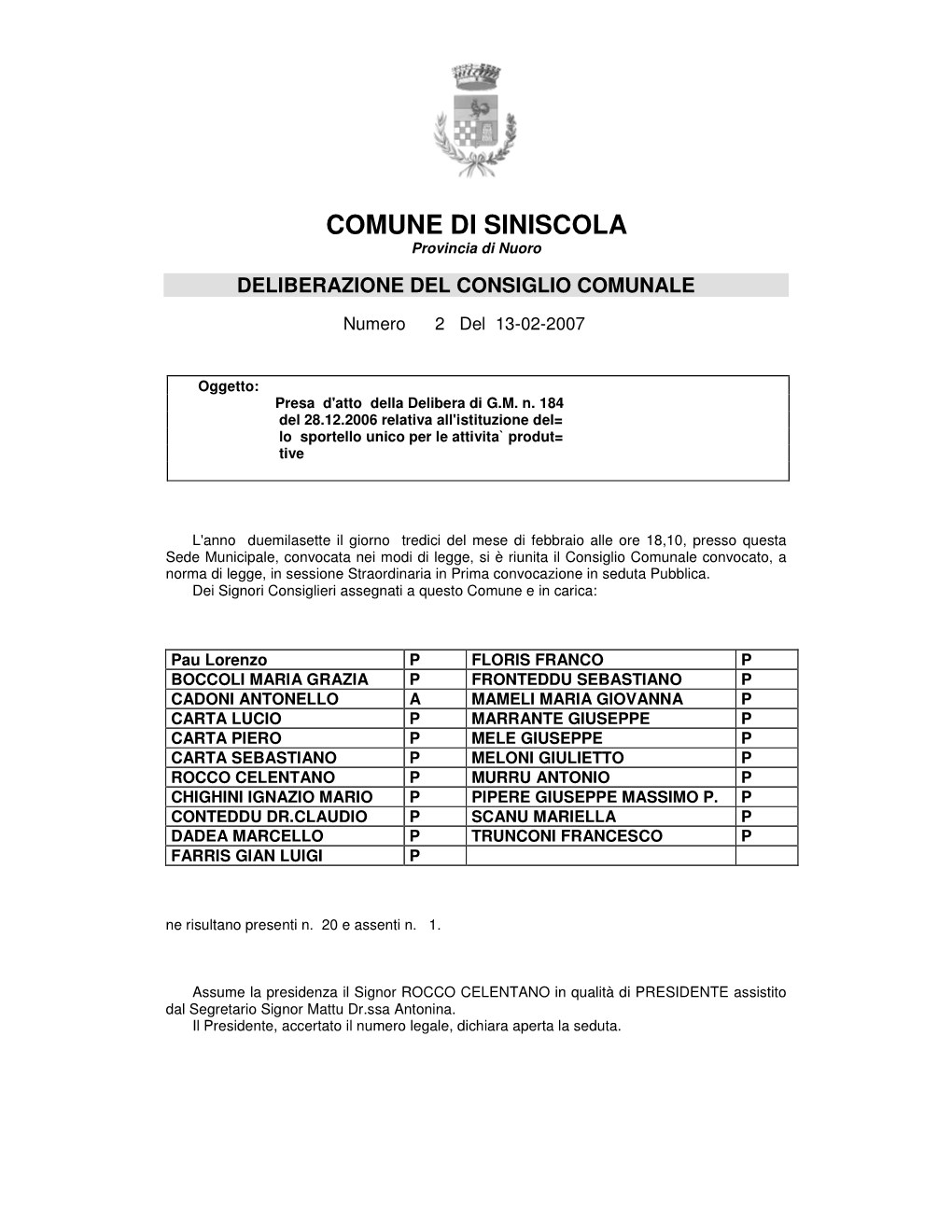 COMUNE DI SINISCOLA Provincia Di Nuoro