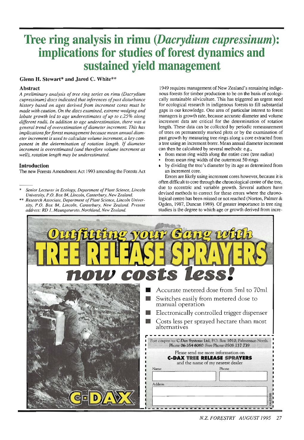 Tree Ring Analysis in Rimu (Dacrydium Cupressinum): Implications for Studies of Forest Dynamics and Sustained Yield Management