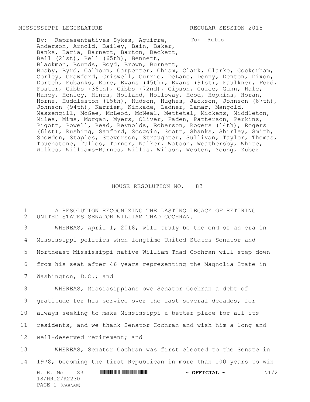 MISSISSIPPI LEGISLATURE REGULAR SESSION 2018 By: Representatives Sykes, Aguirre, Anderson, Arnold, Bailey, Bain, Baker, B