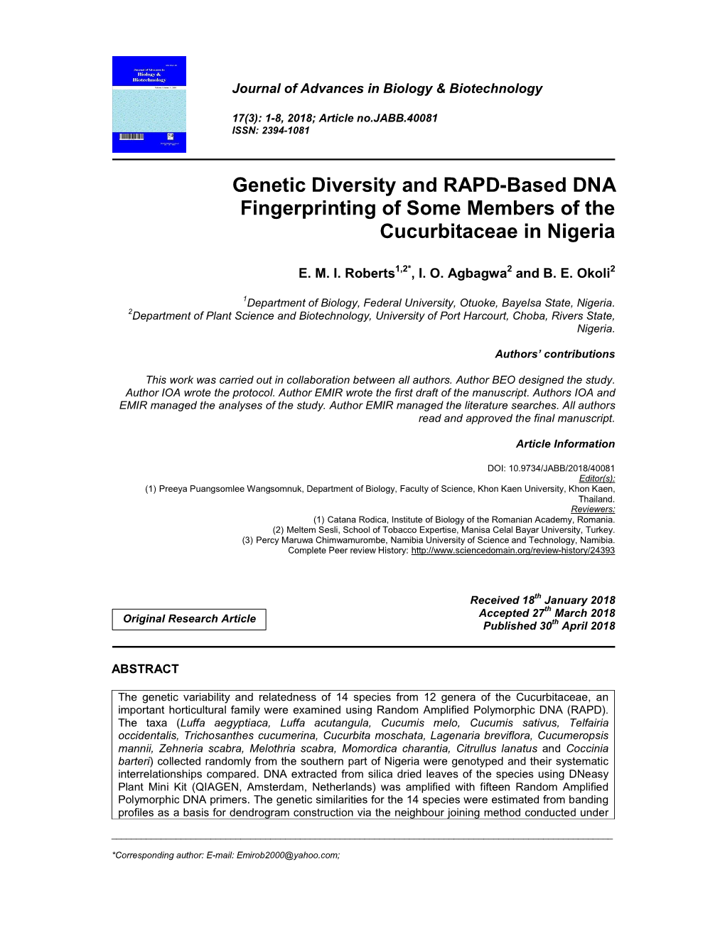 Genetic Diversity and RAPD-Based DNA Fingerprinting of Some Members of the Cucurbitaceae in Nigeria