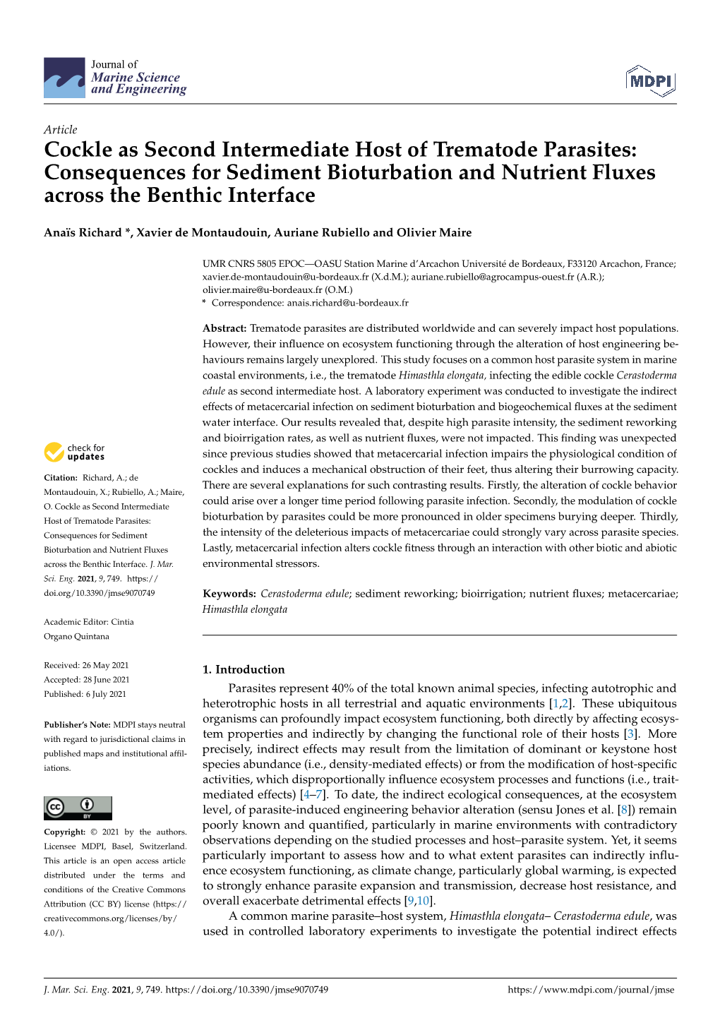 Cockle As Second Intermediate Host of Trematode Parasites: Consequences for Sediment Bioturbation and Nutrient Fluxes Across the Benthic Interface