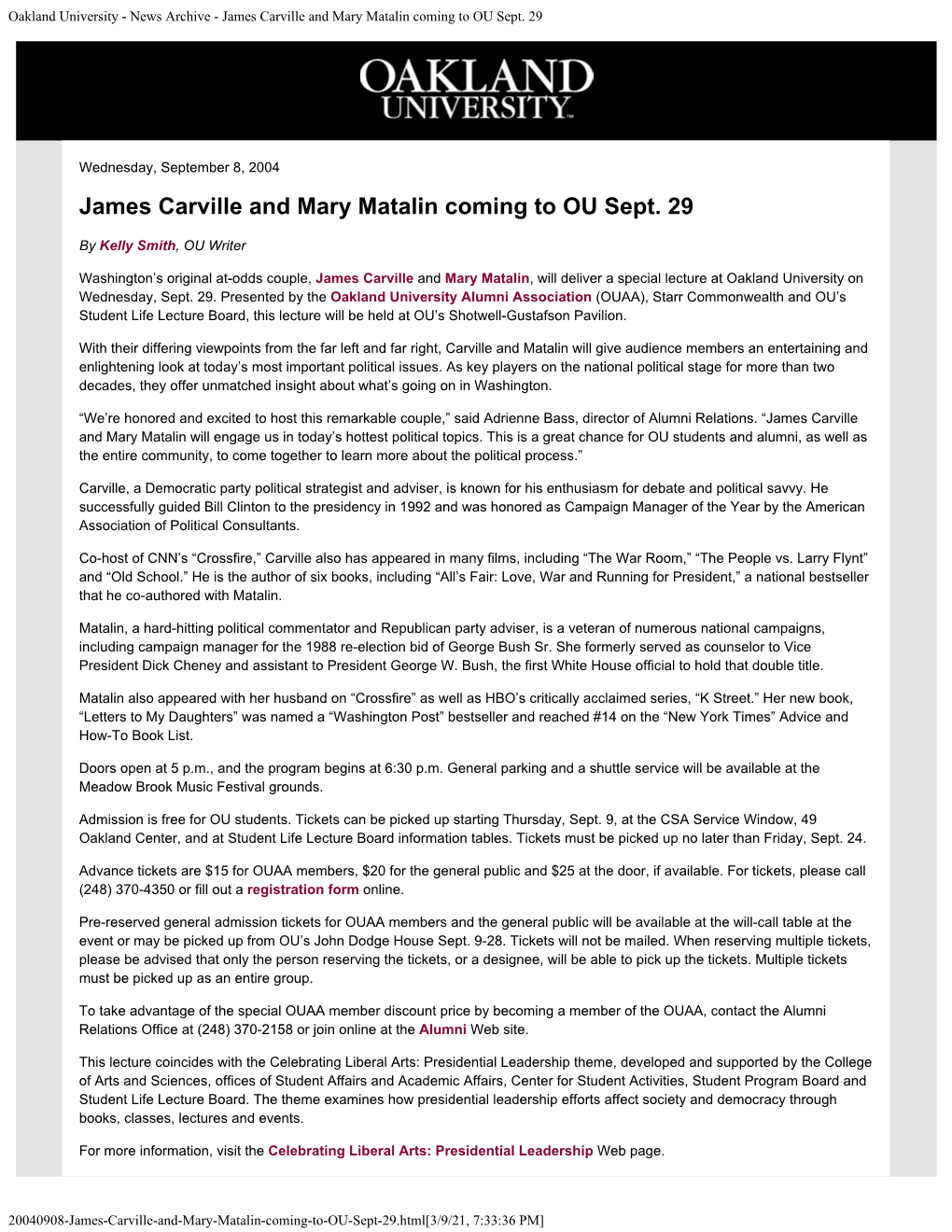 James Carville and Mary Matalin Coming to OU Sept. 29