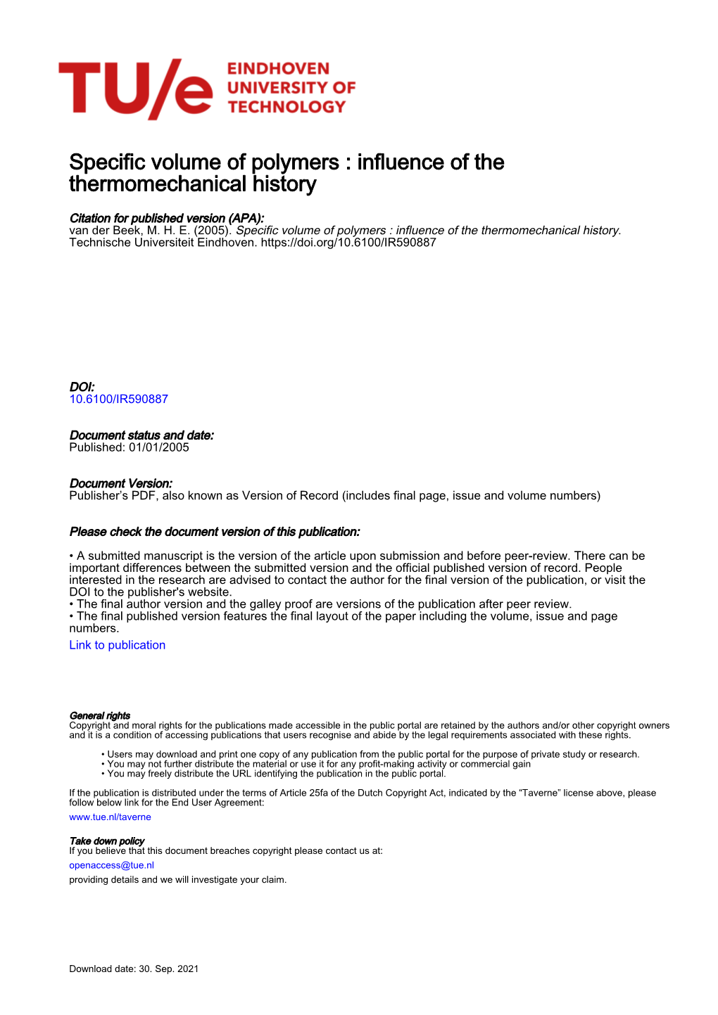 Specific Volume of Polymers : Influence of the Thermomechanical History