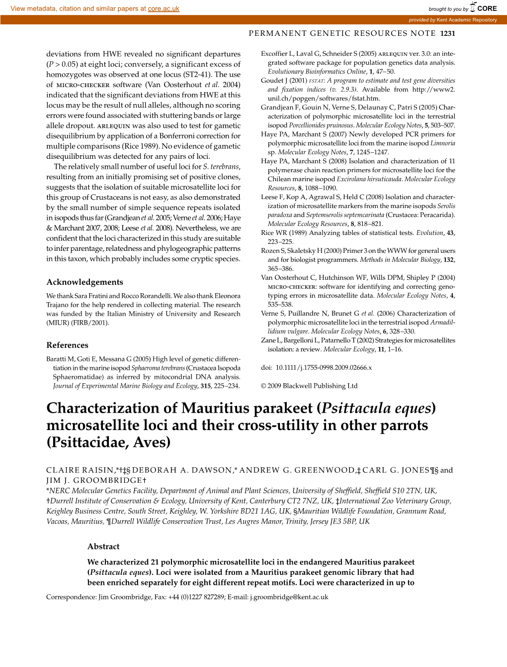 Characterization of Mauritius Parakeet (Psittacula Eques) Microsatellite Loci and Their Cross-Utility in Other Parrots (Psittacidae, Aves)