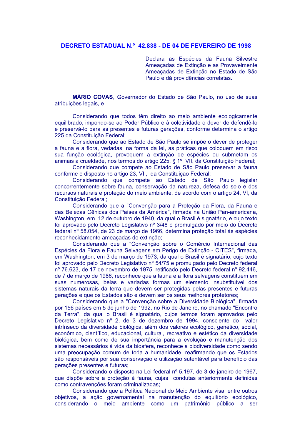 1998 Decreto Est 42838 Fauna Ameaçada Extinção