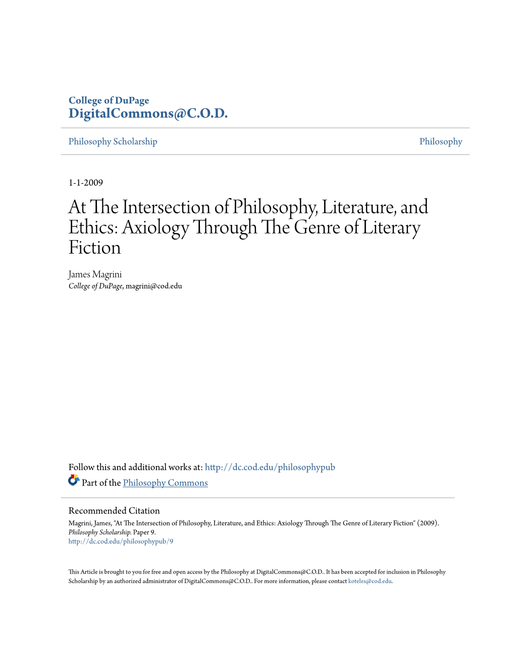 At the Intersection of Philosophy, Literature, and Ethics: Axiology