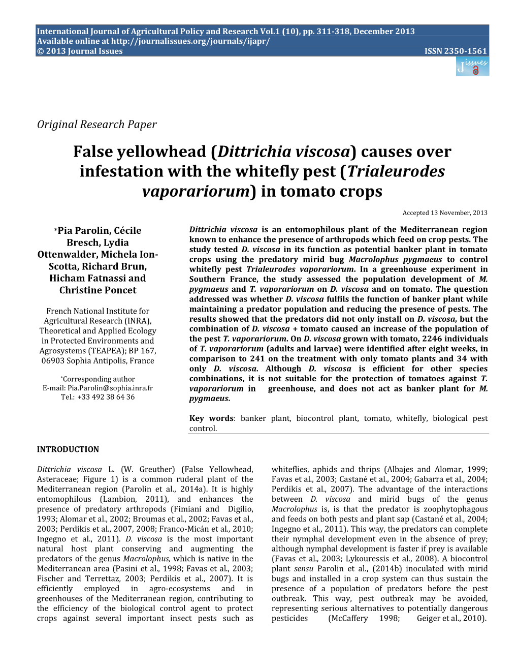 False Yellowhead (Dittrichia Viscosa) Causes Over Infestation with the Whitefly Pest (Trialeurodes Vaporariorum) in Tomato Crops