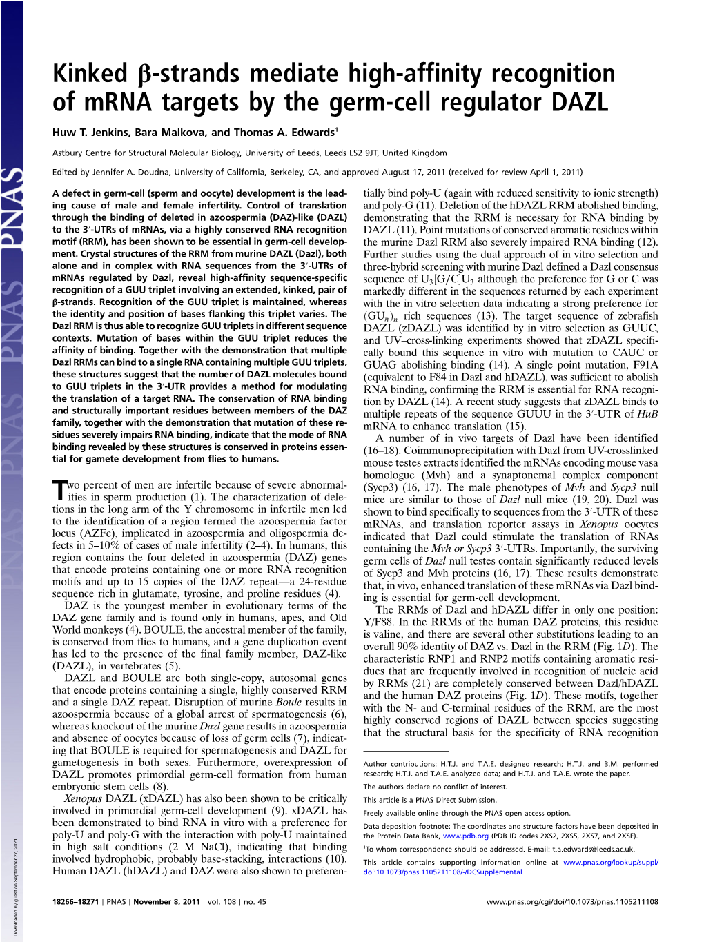 Kinked Β-Strands Mediate High-Affinity Recognition of Mrna Targets by the Germ-Cell Regulator DAZL