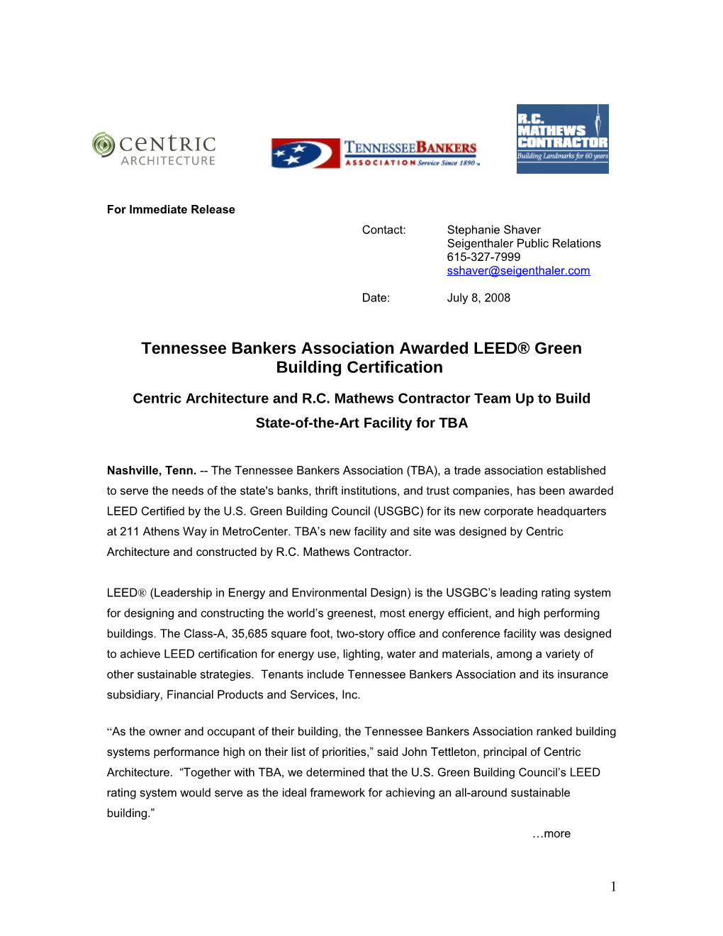 Tennessee Bankers Association Awarded LEED Green Building Certification