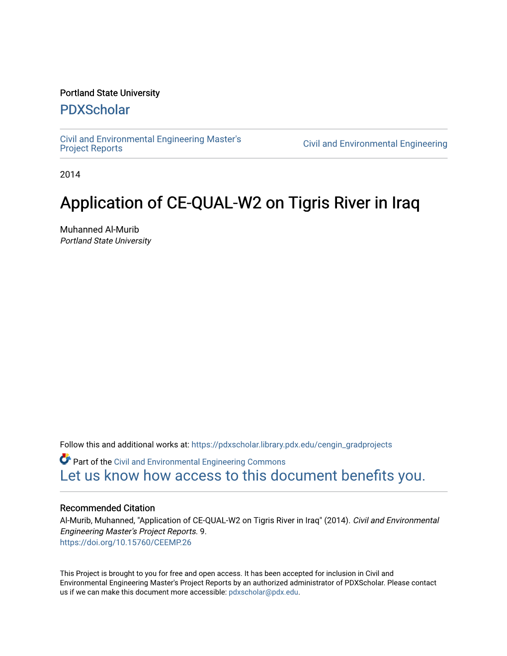 Application of CE-QUAL-W2 on Tigris River in Iraq