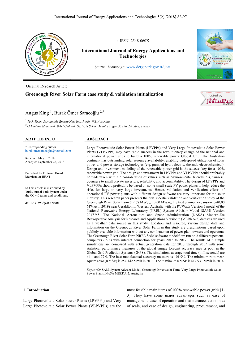 Greenough River Solar Farm Case Study & Validation Initialization