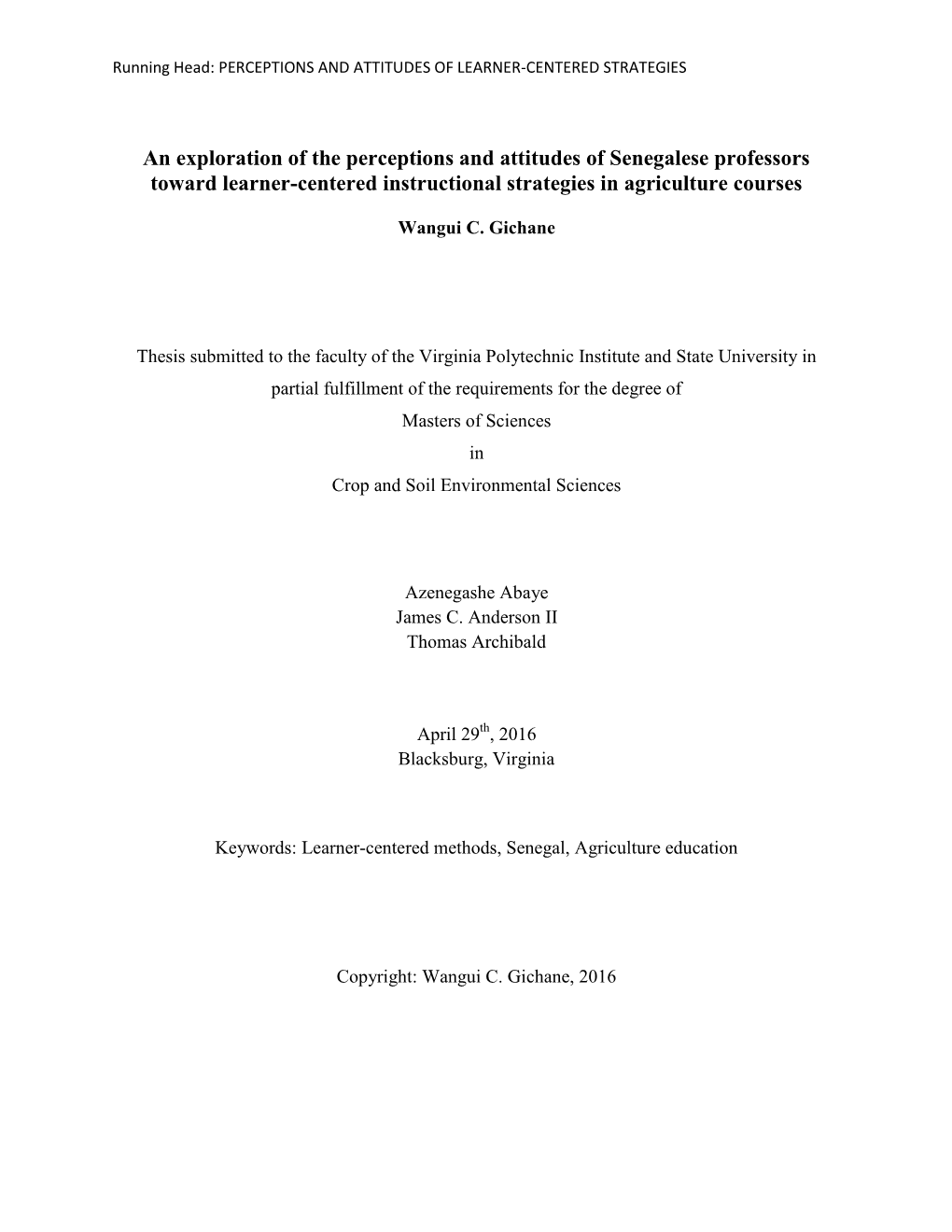 An Exploration of the Perceptions and Attitudes of Senegalese Professors Toward Learner-Centered Instructional Strategies in Agriculture Courses