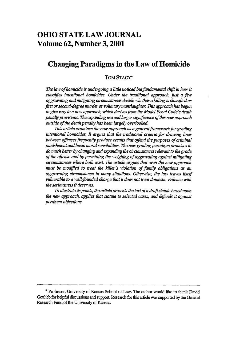 Changing Paradigms in the Law of Homicide