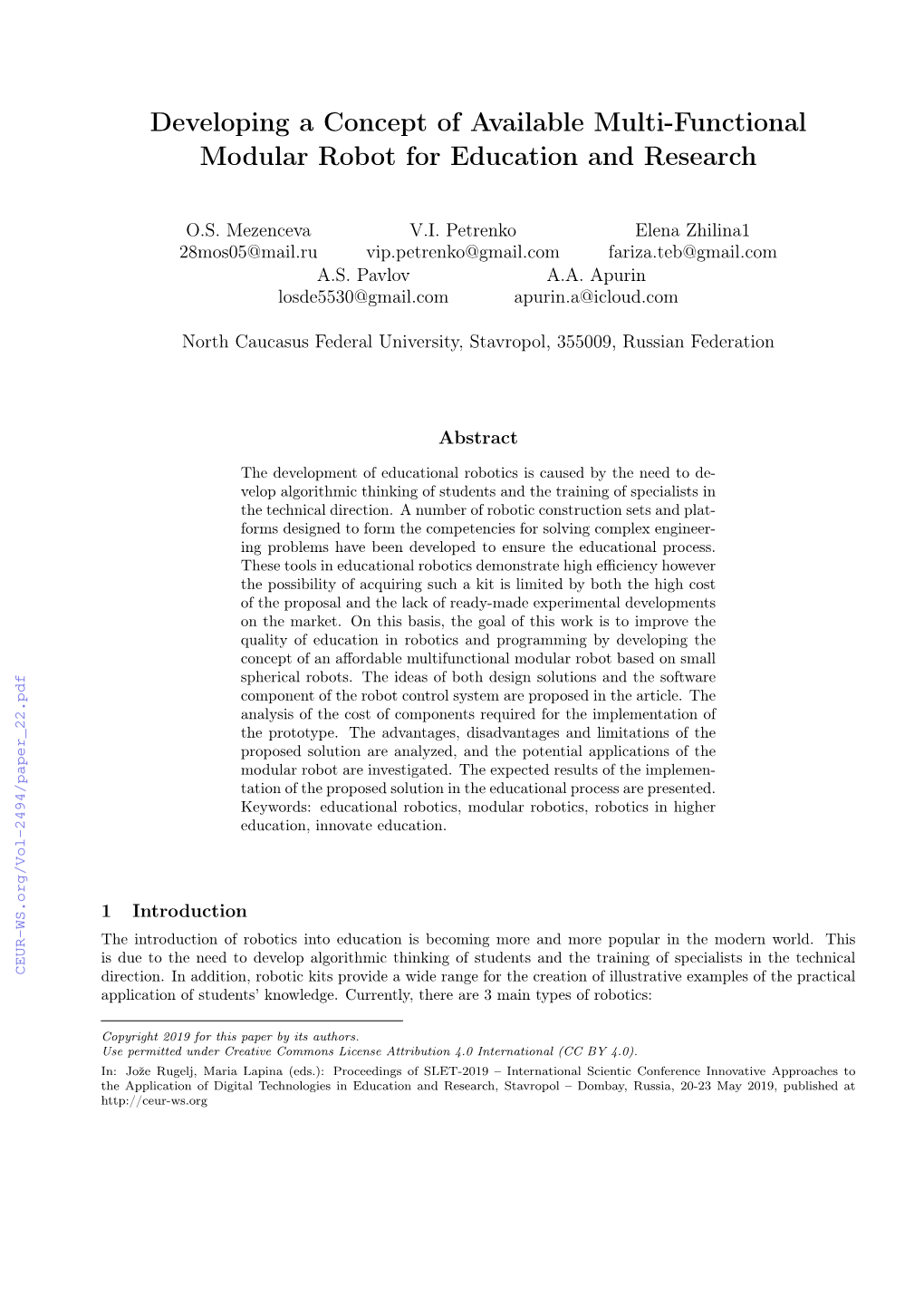 Developing a Concept of Available Multi-Functional Modular Robot for Education and Research