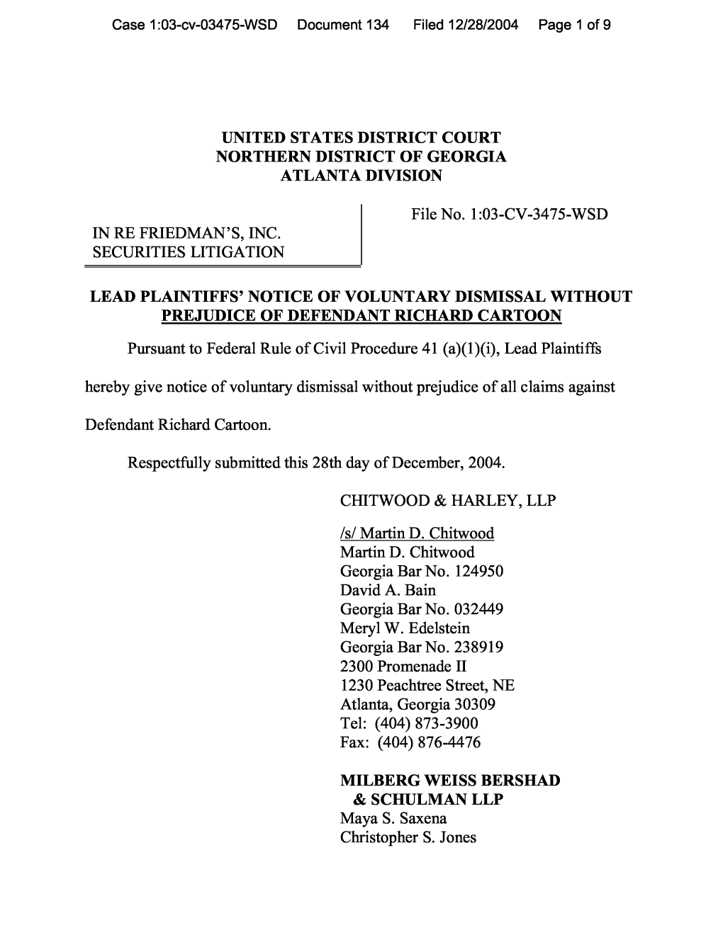 In Re: Friedman's Inc. Securities Litigation 03-CV-3475-Lead