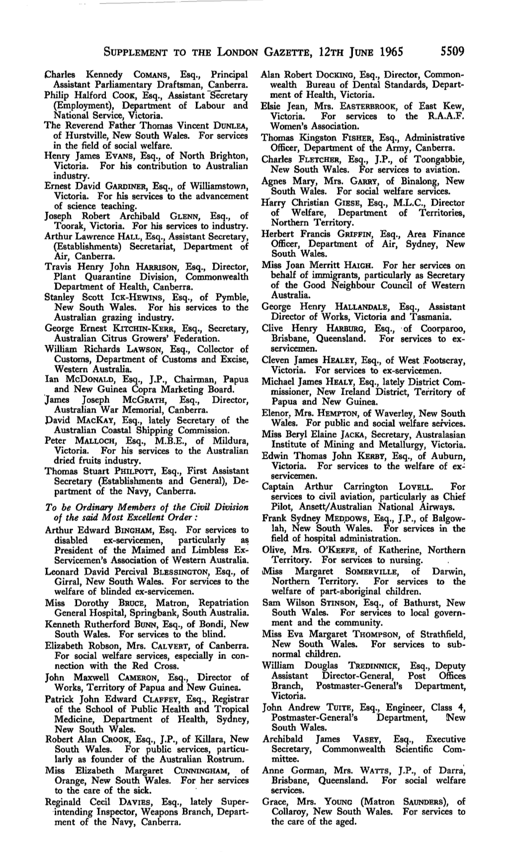 SUPPLEMENT to the LONDON GAZETTE, 12Ra JUNE 1965 5509