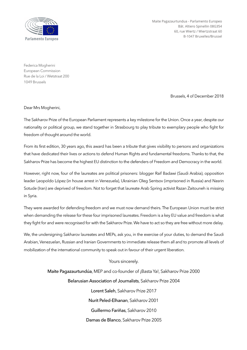 Letter to Mogherini from Laureates and Meps #Freesahkjarov