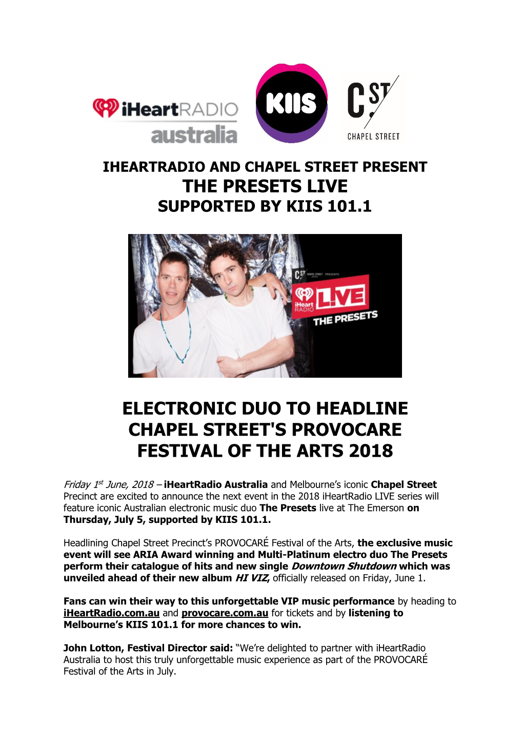 The Presets Live Electronic Duo to Headline Chapel