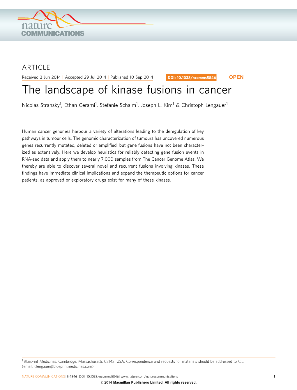 The Landscape of Kinase Fusions in Cancer