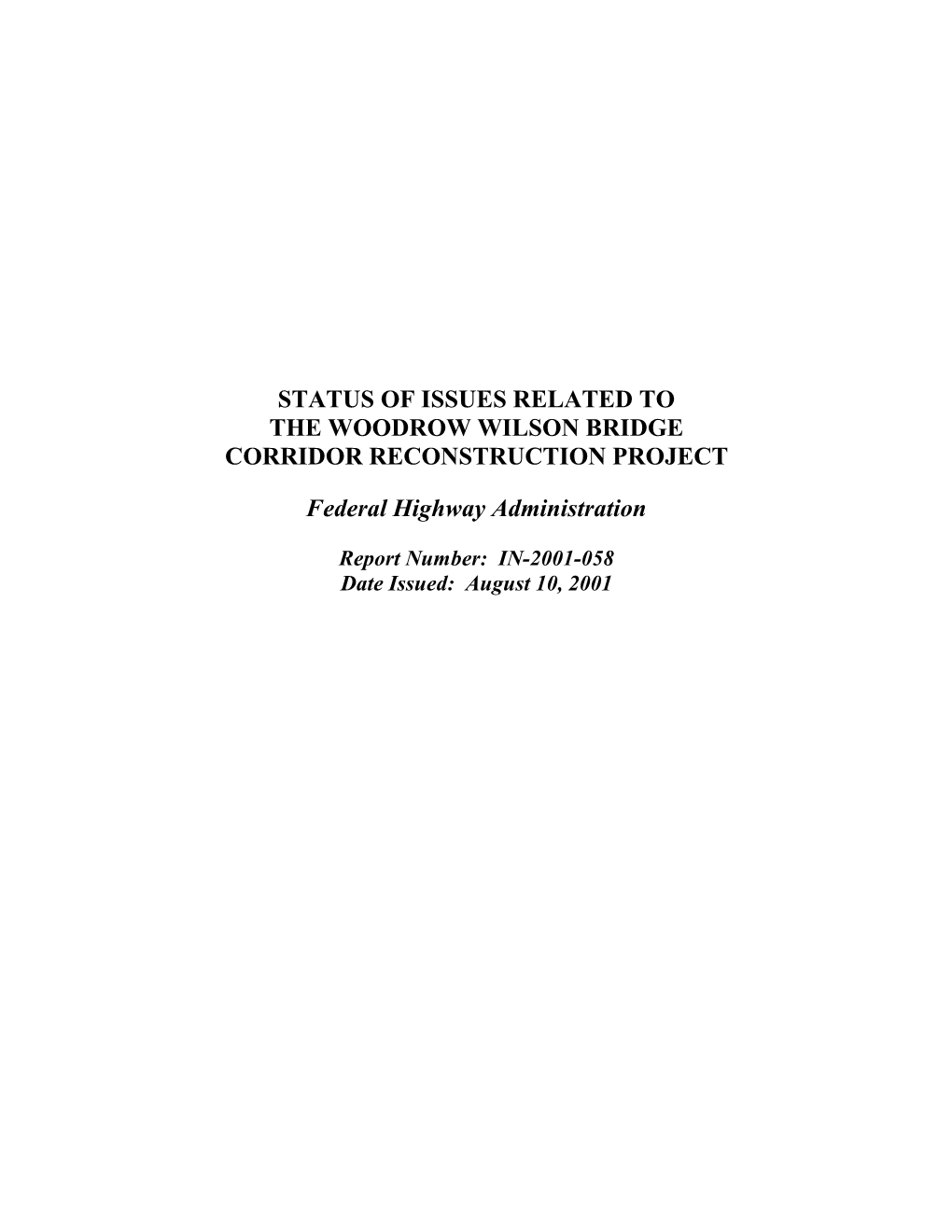 Status of Issues Related to the Woodrow Wilson Bridge Corridor Reconstruction Project
