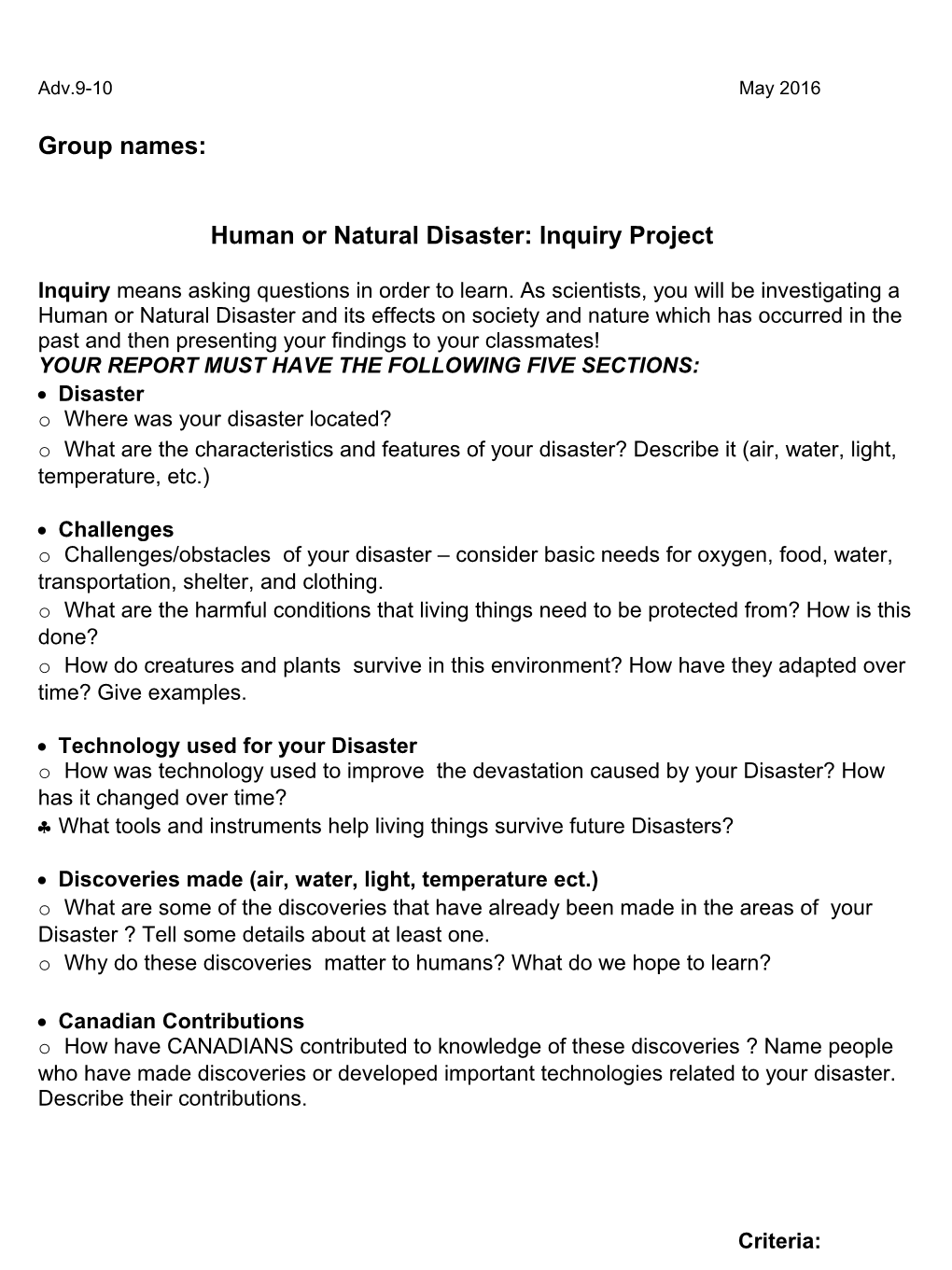 Human Or Natural Disaster Criteria