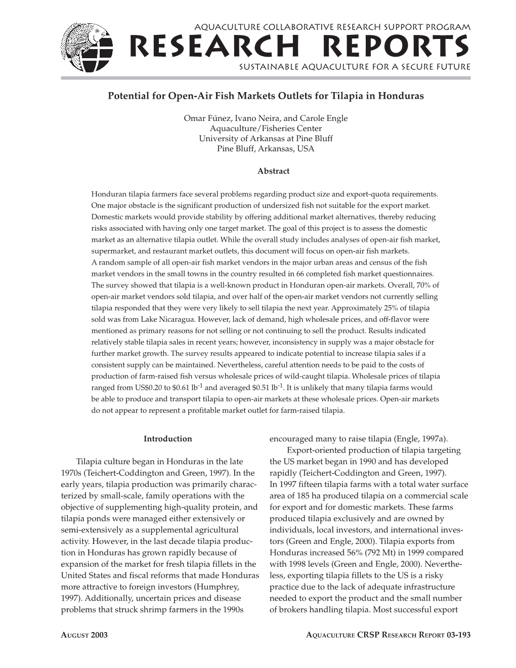 Crsp Research Report 03-193 Aquaculture Crsp Research Report 03-193