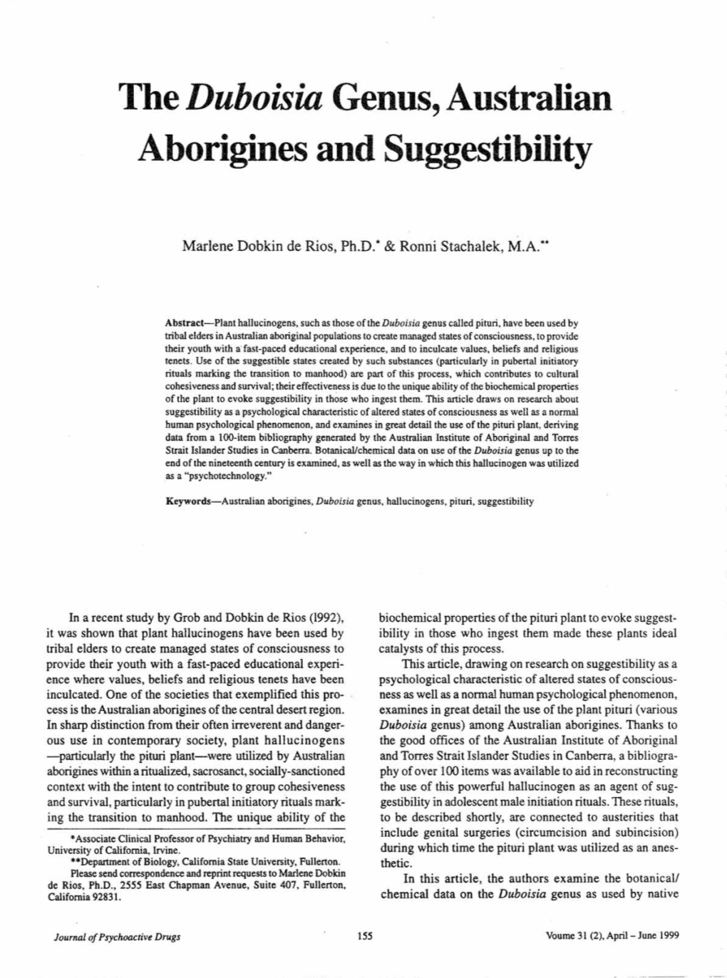 The Duboisia Genus, Australian Aborigines and Suggestibility