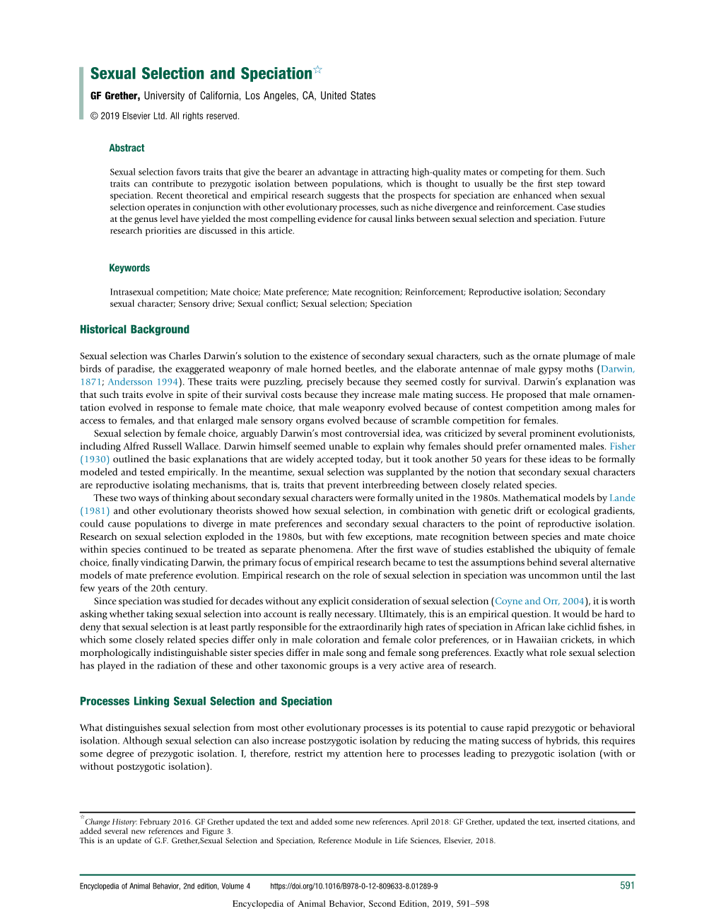Sexual Selection and Speciationq GF Grether, University of California, Los Angeles, CA, United States