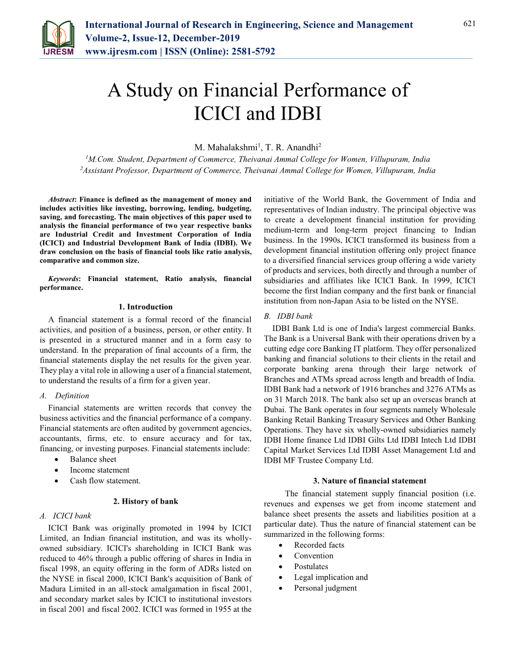 A Study on Financial Performance of ICICI and IDBI