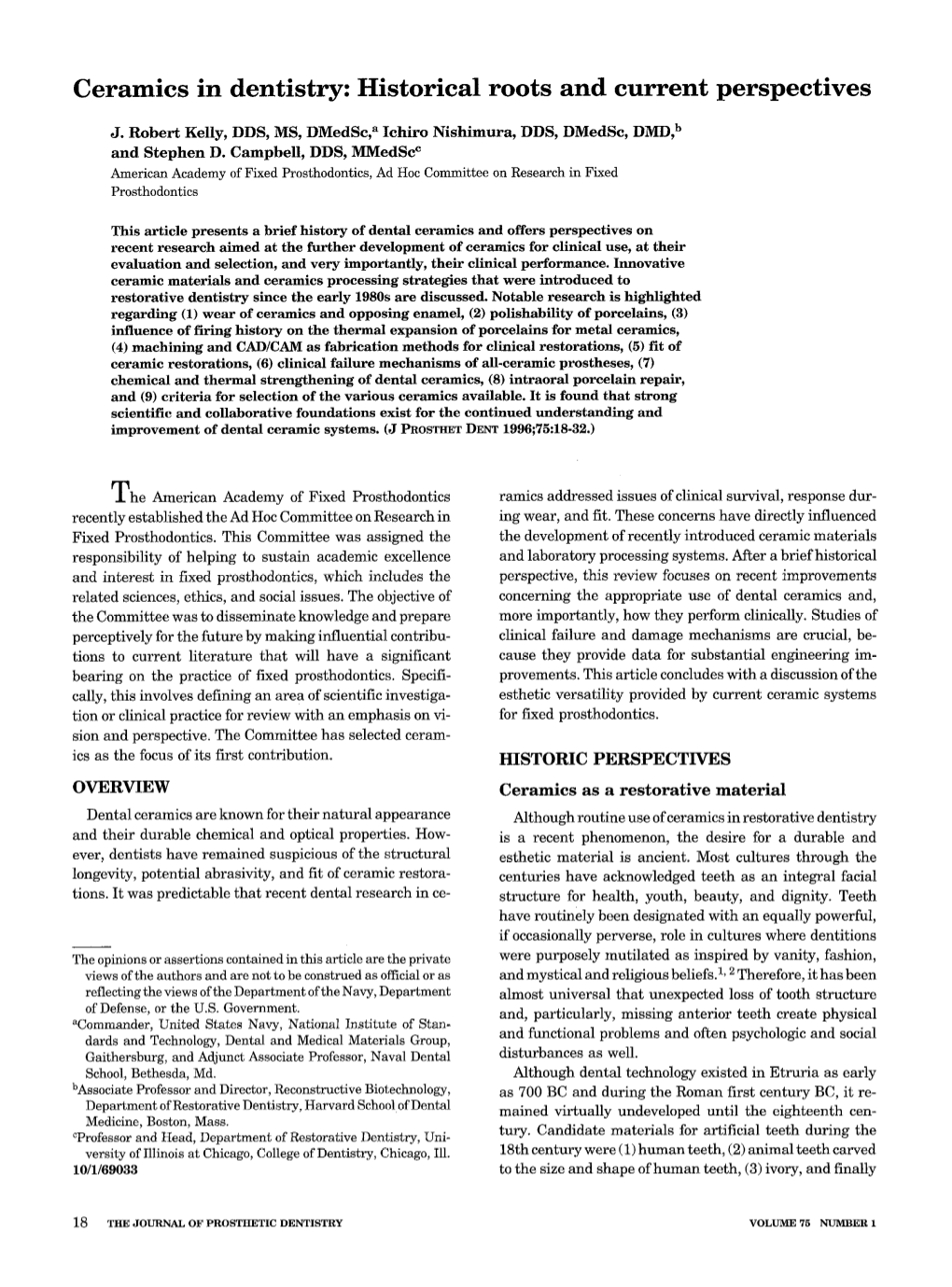 Ceramics in Dentistry: Historical Roots and Current Perspectives