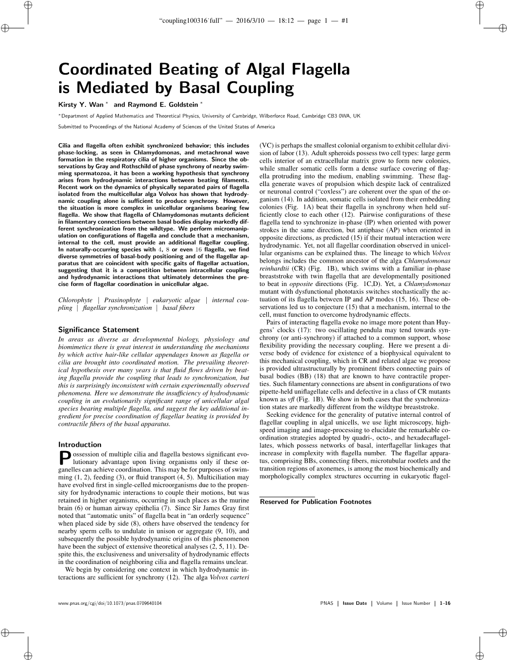 Coordinated Beating of Algal Flagella Is Mediated by Basal Coupling Kirsty Y