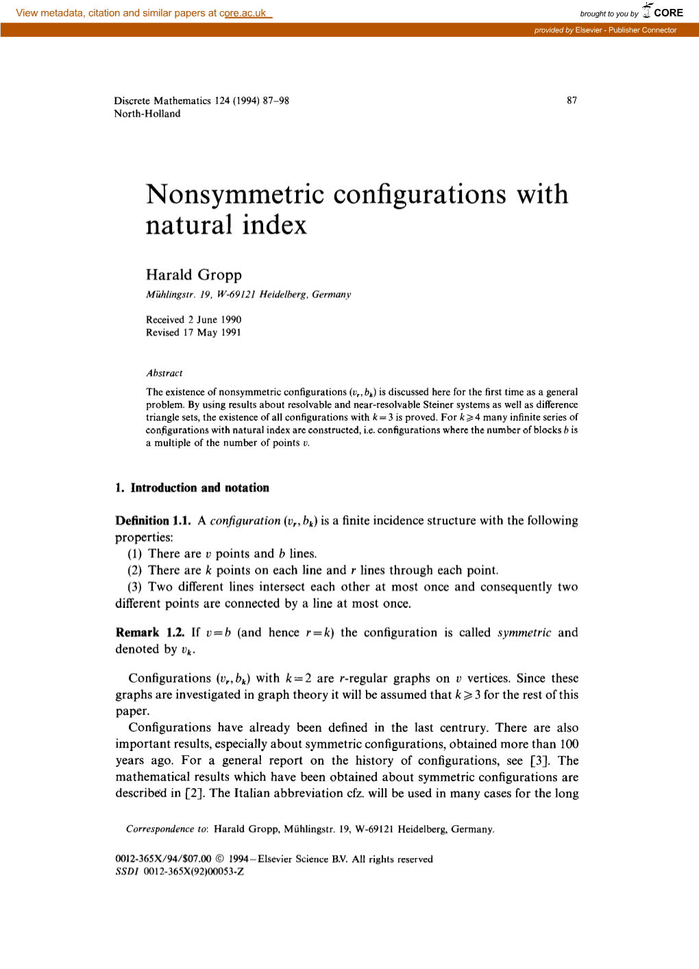 Nonsymmetric Configurations with Natural Index