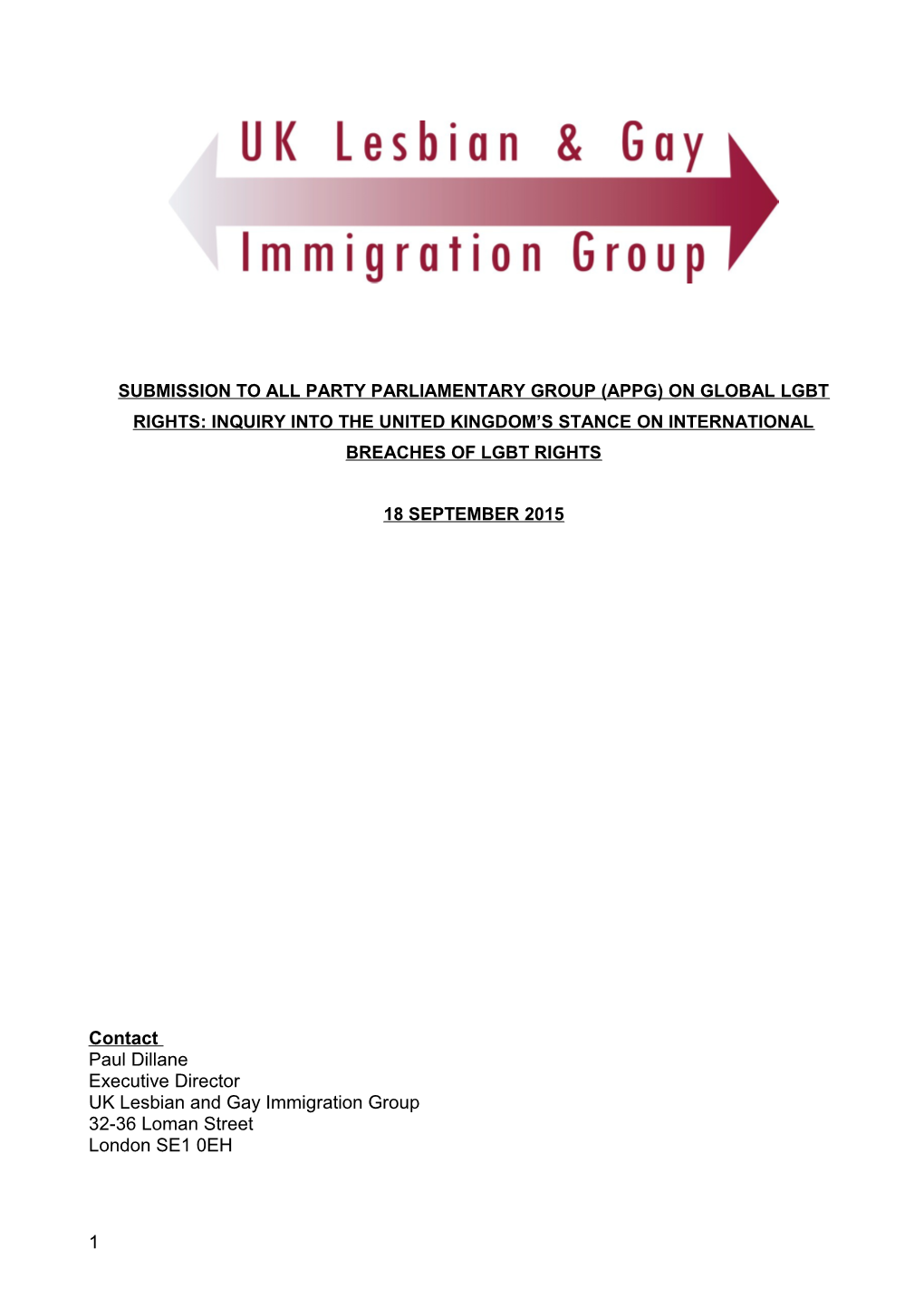 Submission to All Party Parliamentary Group (Appg) on Global Lgbt Rights: Inquiry Into