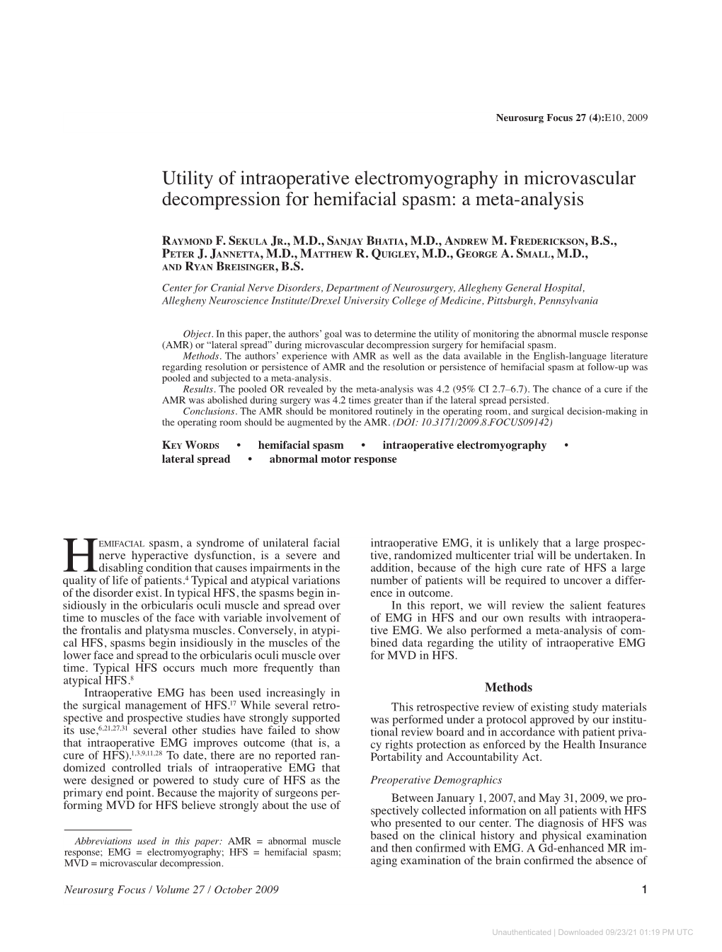 Utility of Intraoperative Electromyography in Microvascular Decompression for Hemifacial Spasm: a Meta-Analysis