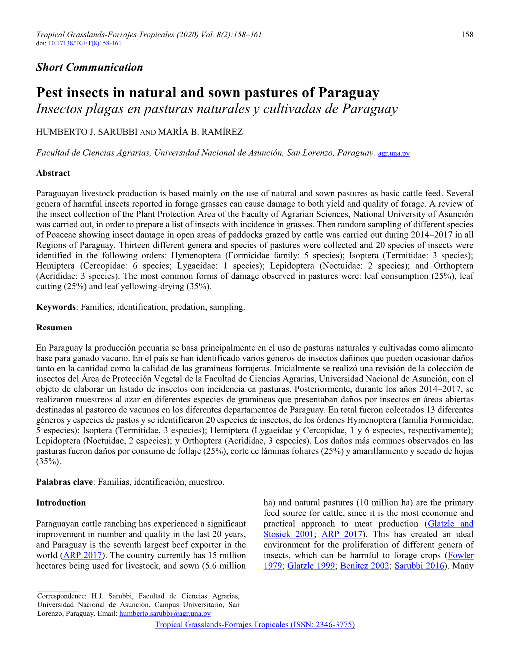 Pest Insects in Natural and Sown Pastures of Paraguay Insectos Plagas En Pasturas Naturales Y Cultivadas De Paraguay