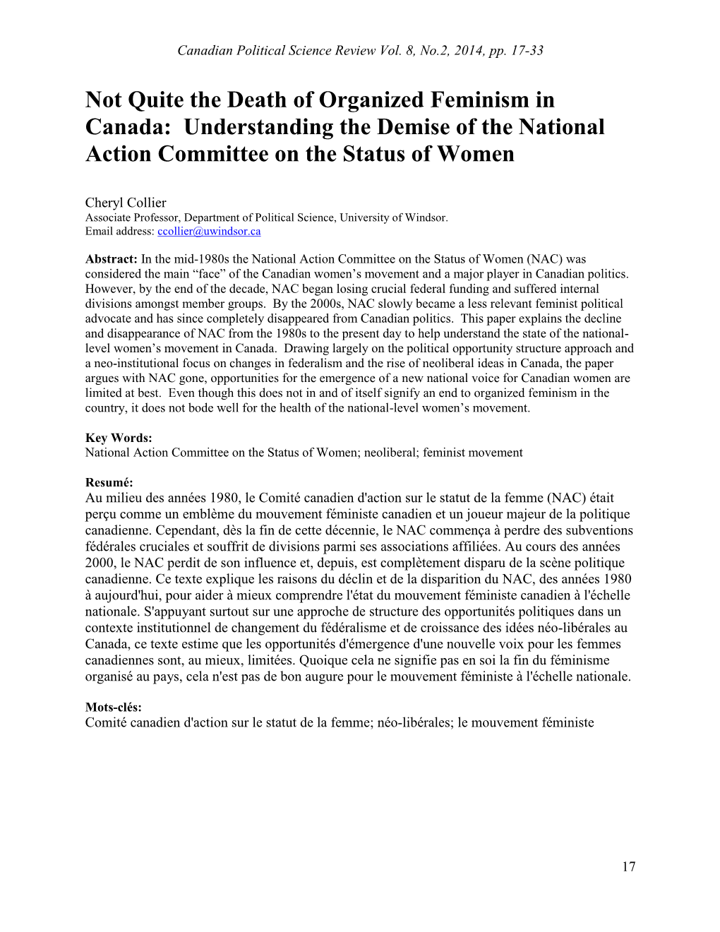 Not Quite the Death of Organized Feminism in Canada: Understanding the Demise of the National Action Committee on the Status of Women