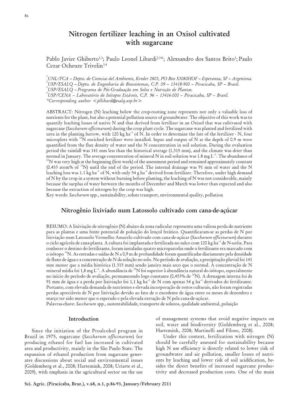 Nitrogen Fertilizer Leaching in an Oxisol Cultivated with Sugarcane