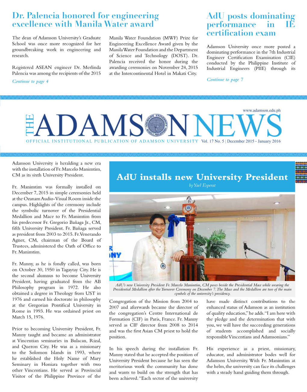 Adu Installs New University President Fr