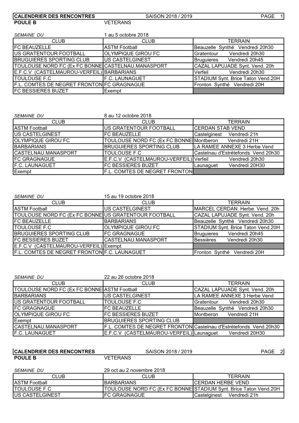 Calendrier Des Rencontres Saison 2018 / 2019 Page 1 Poule B Veterans