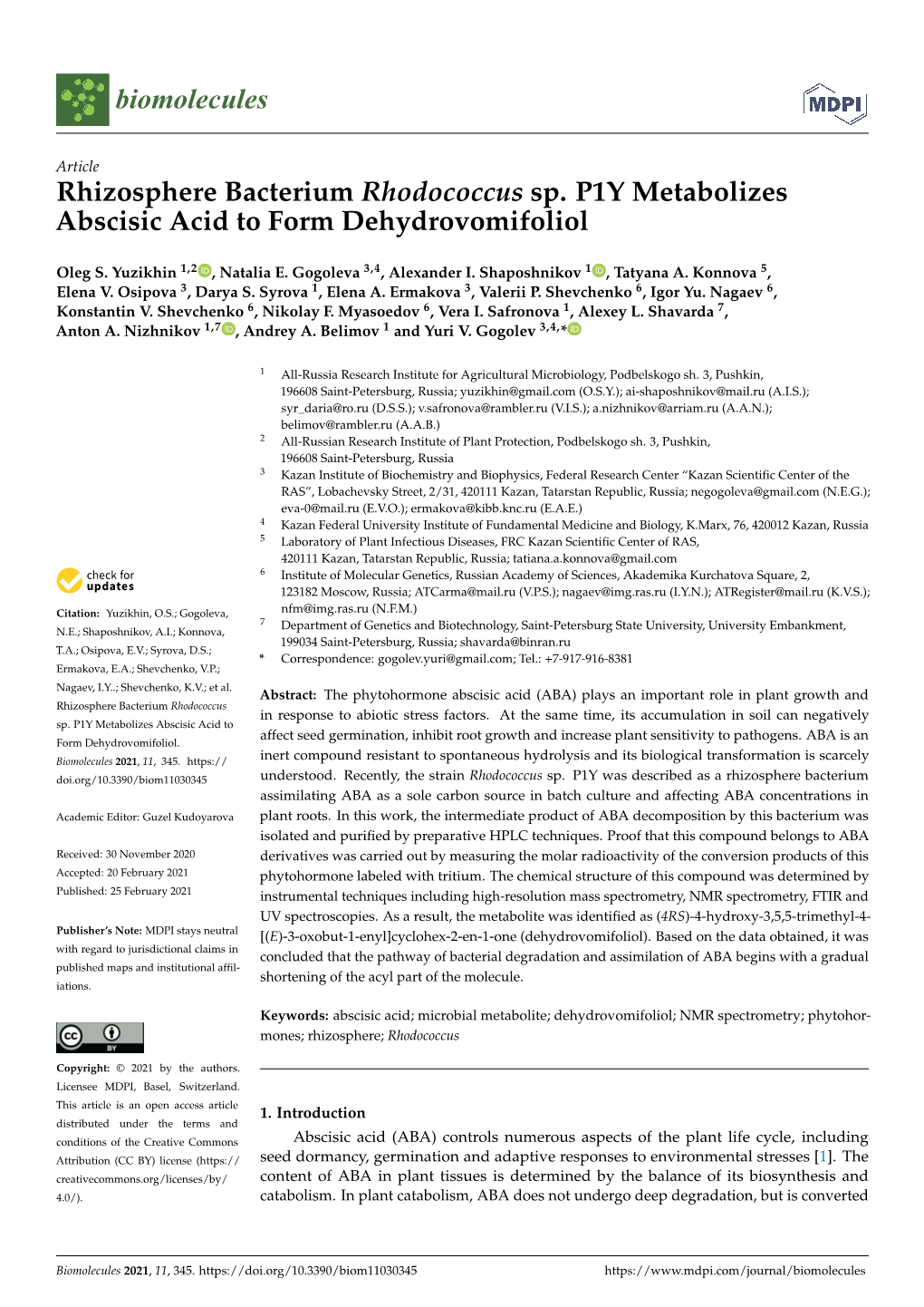 Rhizosphere Bacterium Rhodococcus Sp. P1Y Metabolizes Abscisic Acid to Form Dehydrovomifoliol