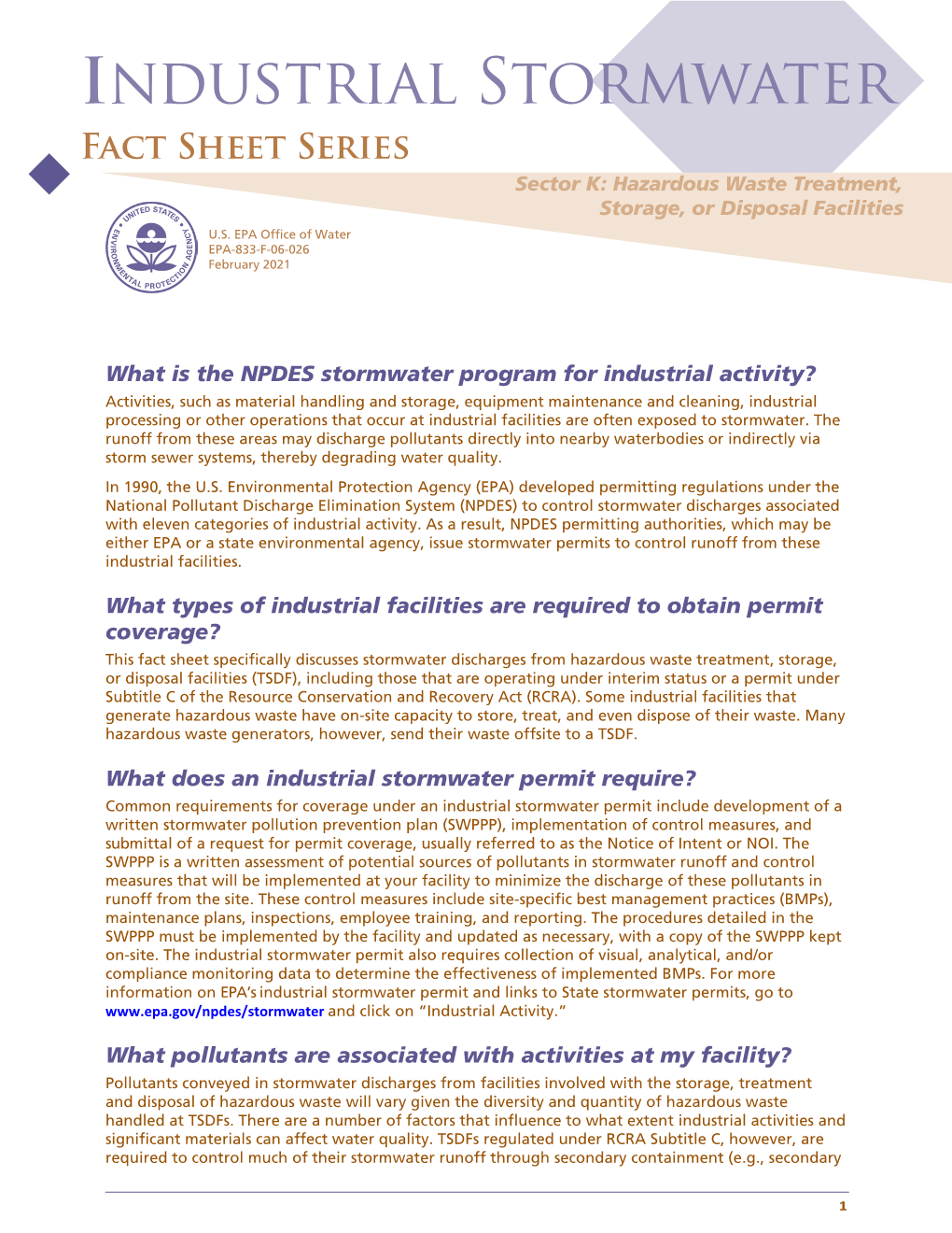 Industrial Stormwater Fact Sheet Series Sector K: Hazardous Waste Treatment, Storage, Or Disposal Facilities U.S